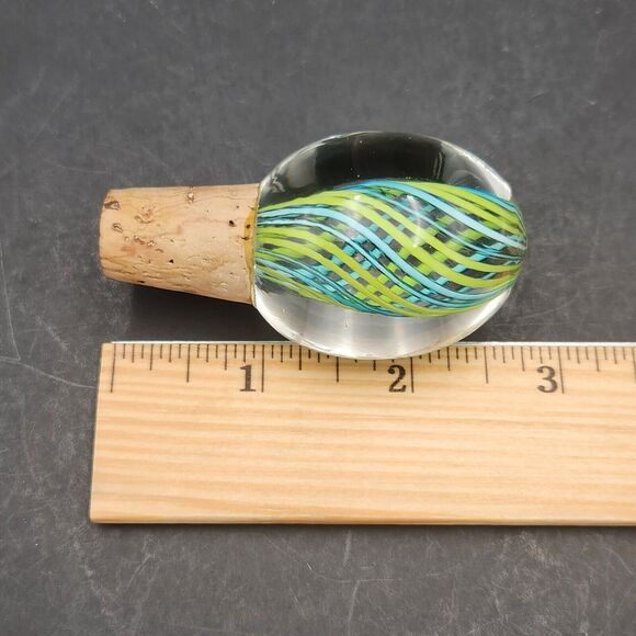 Vtg Blown Glass & Cork BOTTLE STOPPER Blue & Green Twisted Cane Ribbons - Picture 6 of 7